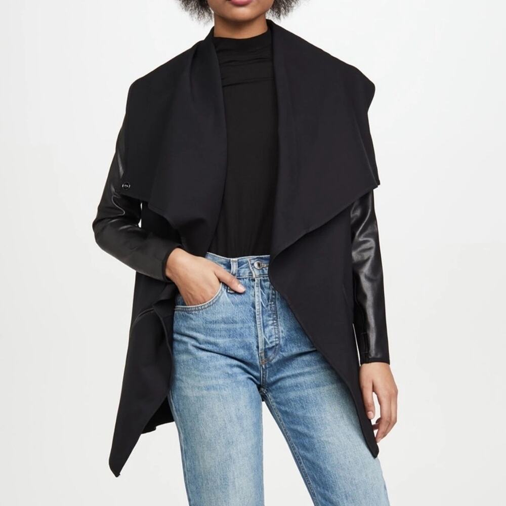 SPANX Open Drape Front Jacket Clack Faux Leather Snap Closure Medium Ponte Knit
